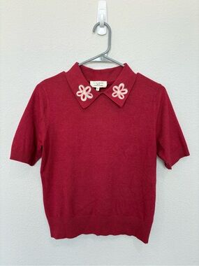 La Vila Milano Floral Embroidered Soft Knit Short Sleeve Collared Sweater Small